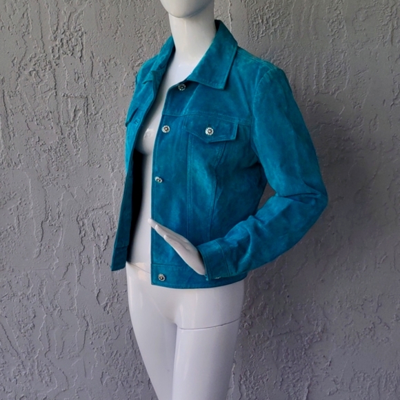 Yvonne Marie Womens Jacket Turquoise Leather Suede Rhinestone Buttons Lined